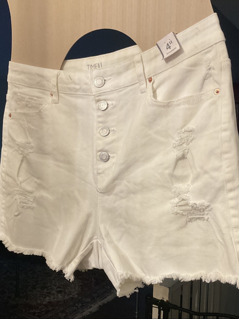 Time and Tru White Distressed High-Rise Button-Front Jean Shorts